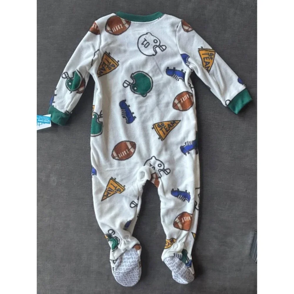 NWT Carter's Baby Boy 12M Football Fleece Footed Pajamas Sleep Play White Green